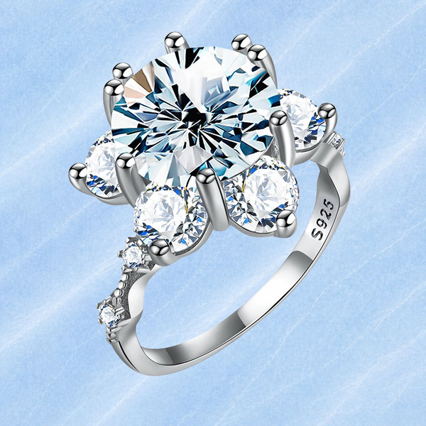 Sunflower Moissanite Ring, 18K White Gold-Plated