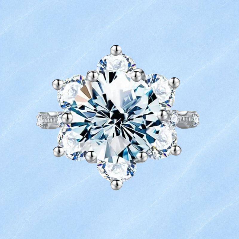 Sunflower Moissanite Ring, 18K White Gold-Plated