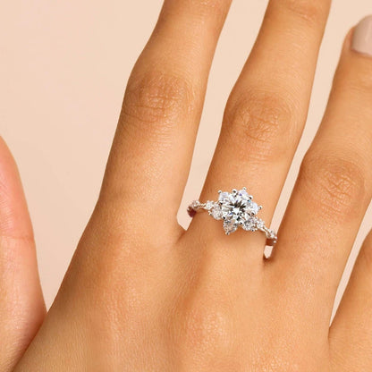 Sunflower Moissanite Ring, 18K White Gold-Plated