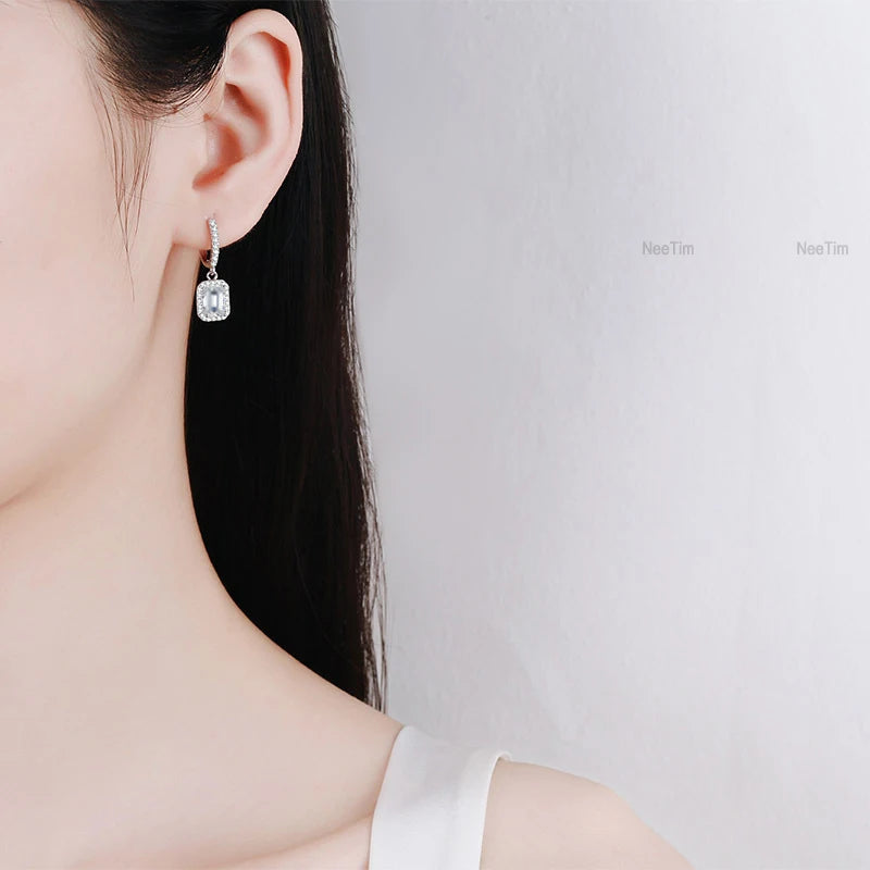 Radiant Cut 1C Drop Earrings, White Gold-Plated