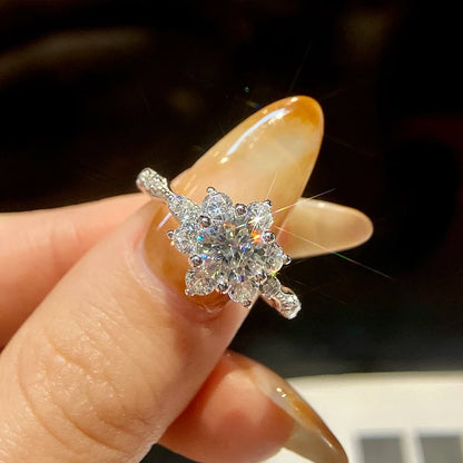Sunflower Moissanite Ring, 18K White Gold-Plated