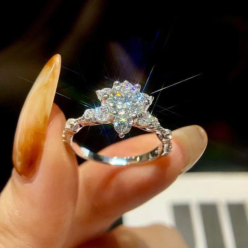 Sunflower Moissanite Ring, 18K White Gold-Plated