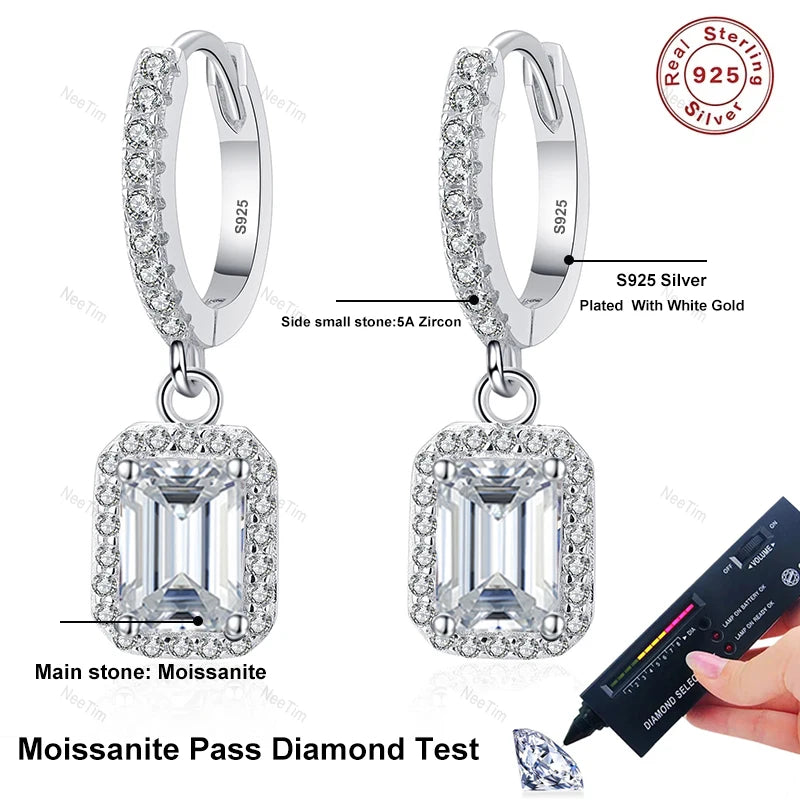 Radiant Cut 1C Drop Earrings, White Gold-Plated