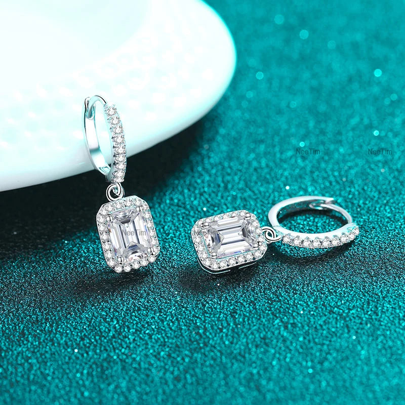 Radiant Cut 1C Drop Earrings, White Gold-Plated