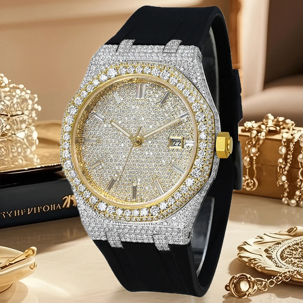 Moissanite Iced Out Silicone Band Bust Down Watch 42mm