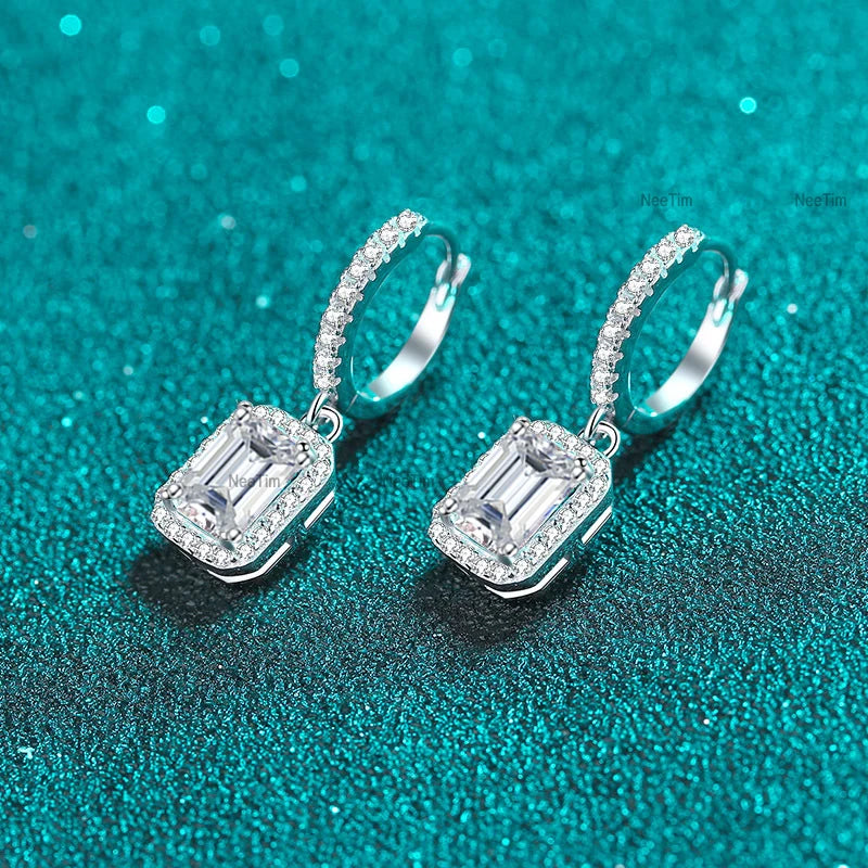 Radiant Cut 1C Drop Earrings, White Gold-Plated