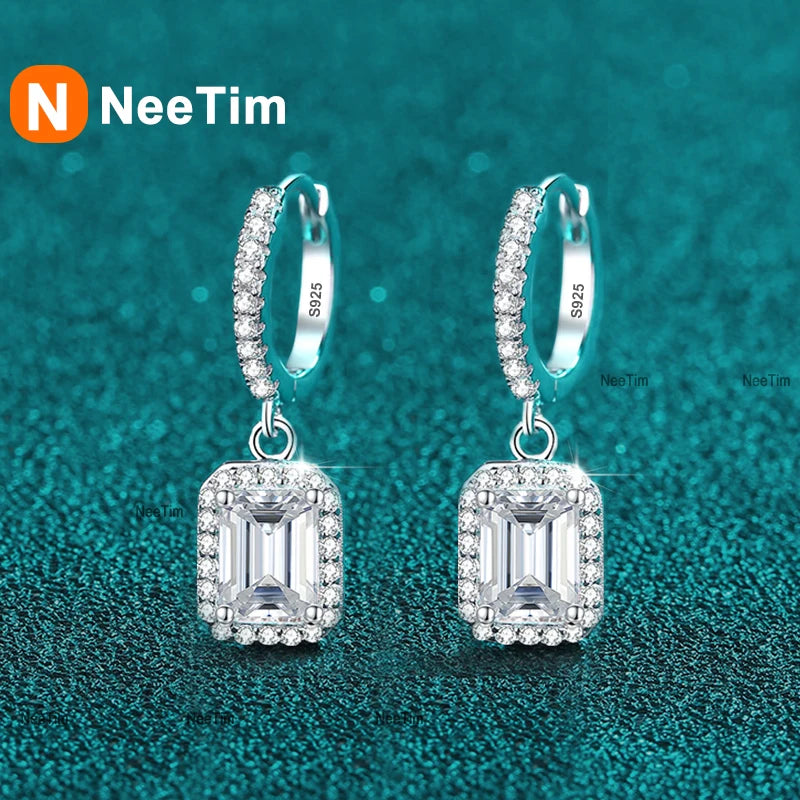 Radiant Cut 1C Drop Earrings, White Gold-Plated