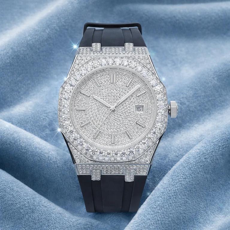 Moissanite Iced Out Silicone Band Bust Down Watch 42mm