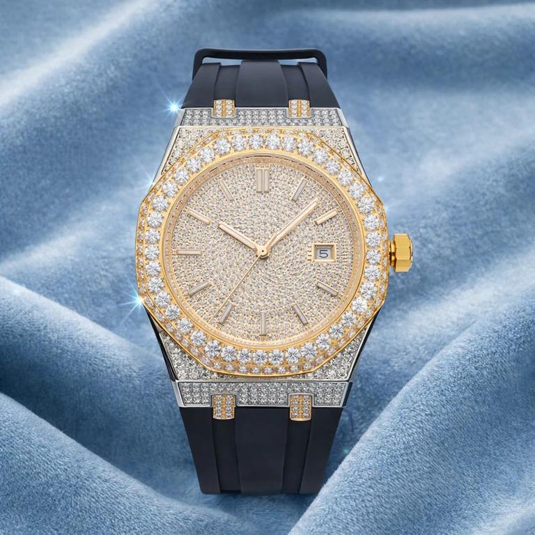 Moissanite Iced Out Silicone Band Bust Down Watch 42mm