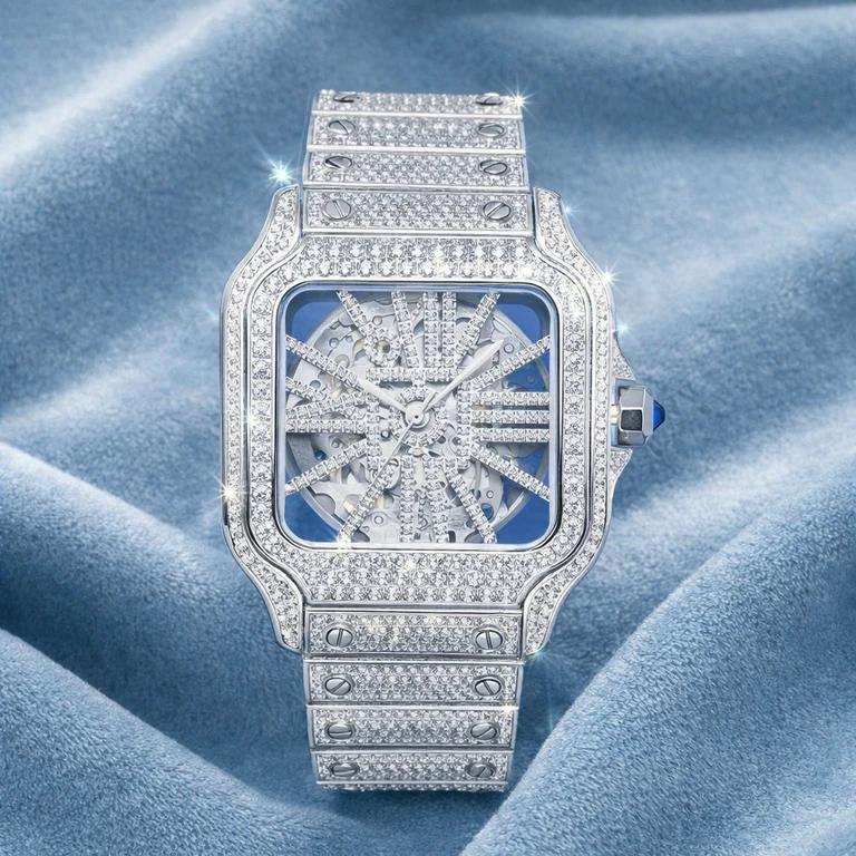 Skeleton Bust Down VVS Moissanite Watch 14K White Gold 40mm