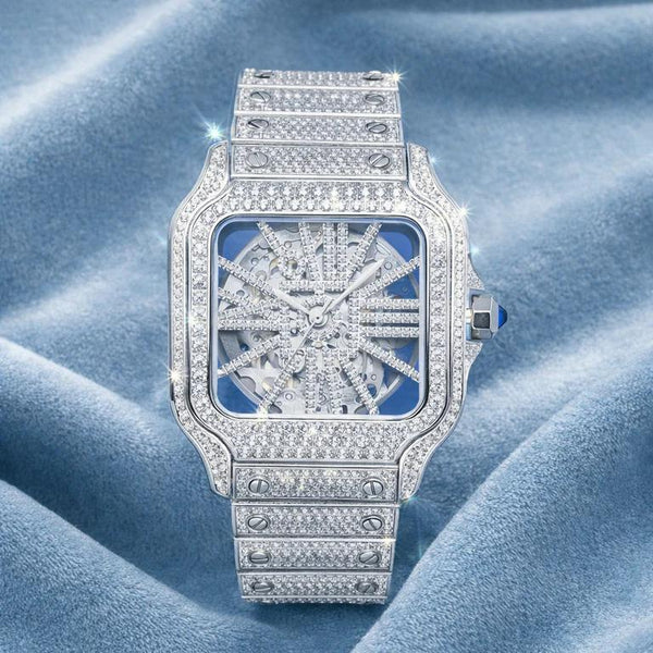 Skeleton Bust Down VVS Moissanite Watch 14K White Gold 40mm